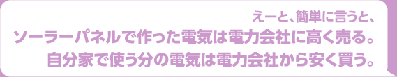 えーと、簡単に言うと、作った電気は電力会社に高く売る。使う分の電気は電力会社から安く買う。